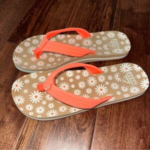 Reef Girls Ahi Daisy Sandals Size 6 Orange Neon White Floral Flip Flop
